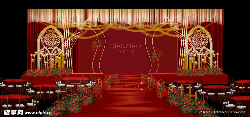 中式红色婚礼舞台背景