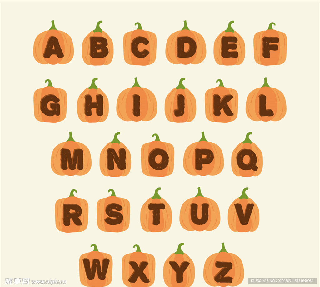 26个橙色 南瓜字母 矢量素材