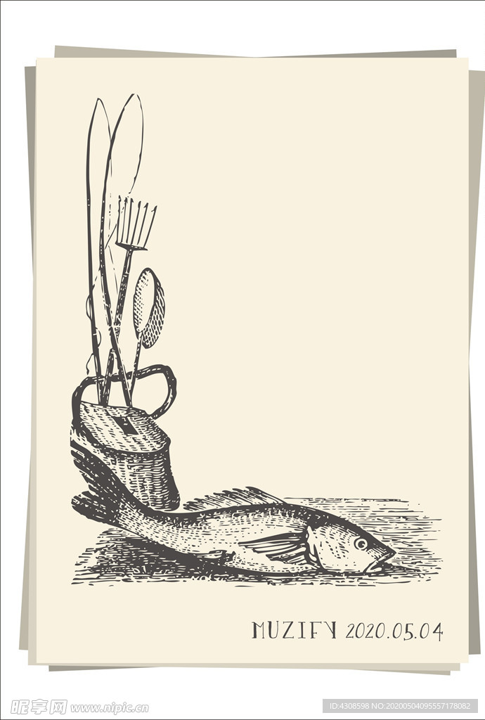 垂钓工具与鱼 素描画
