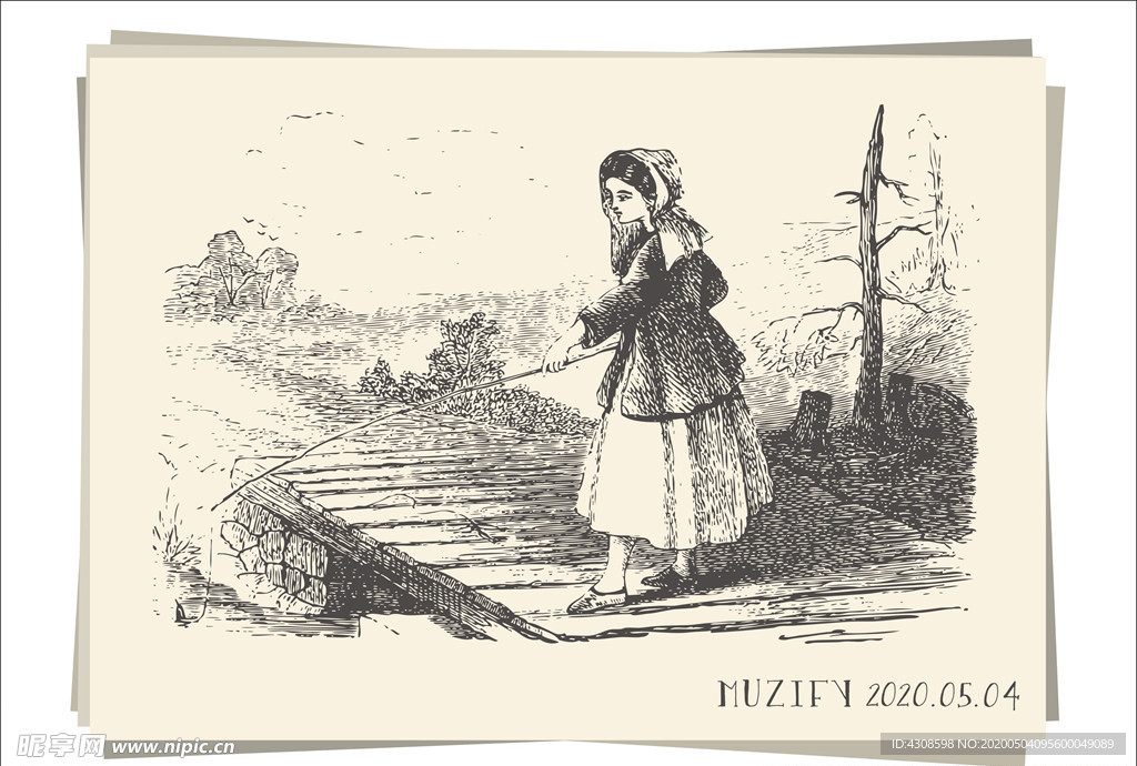 钓鱼的女子 素描画