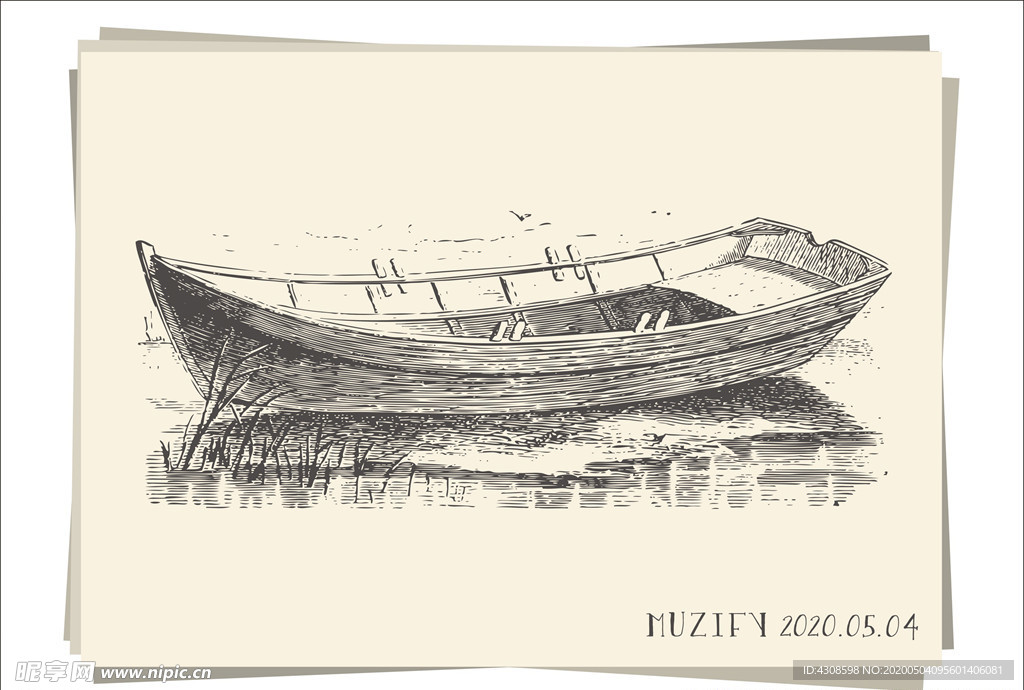 湖面的木船 素描画