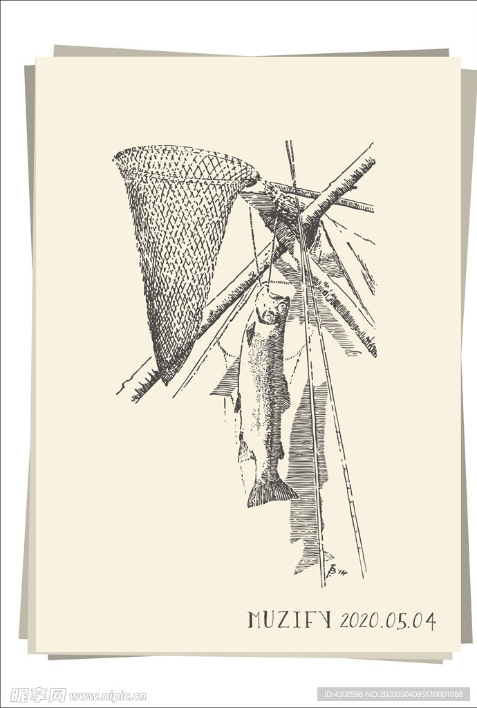 网兜 鱼竿 鱼素描画