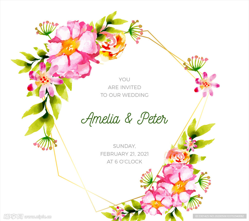 彩绘粉色花卉婚礼海报