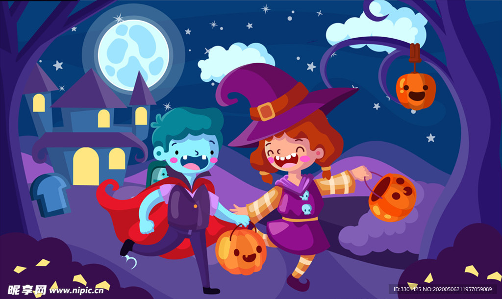卡通万圣节夜晚儿童