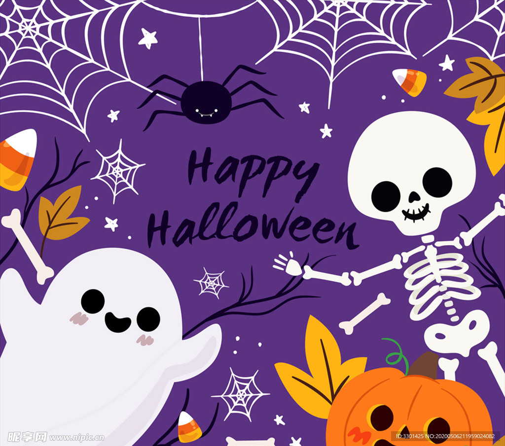 可爱万圣节幽灵和骷髅