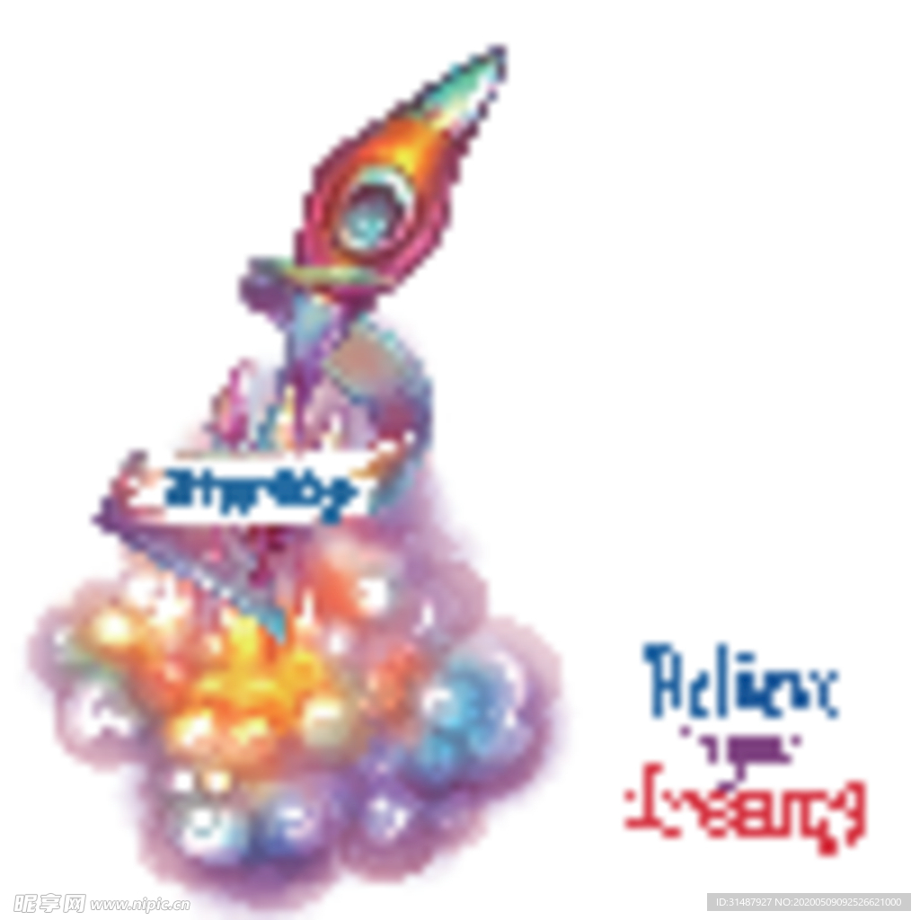 卡通酷炫插画颜色绚丽烟雾云火箭