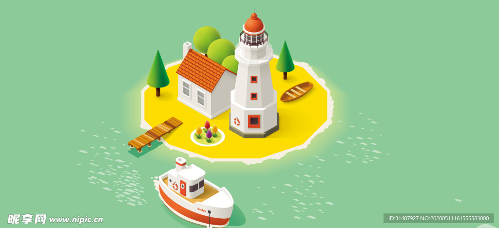 卡通度假孤岛海岛小岛小船