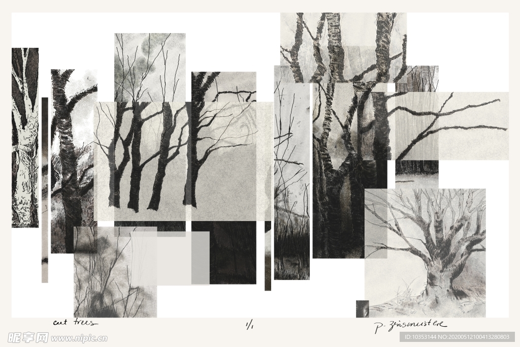 新中式线描硬笔树林组合画