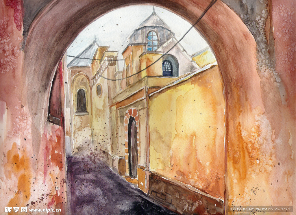 街道田园风景油画