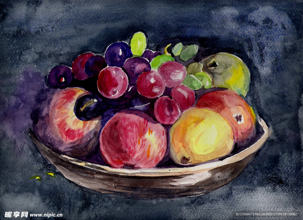 静物果盘水彩画