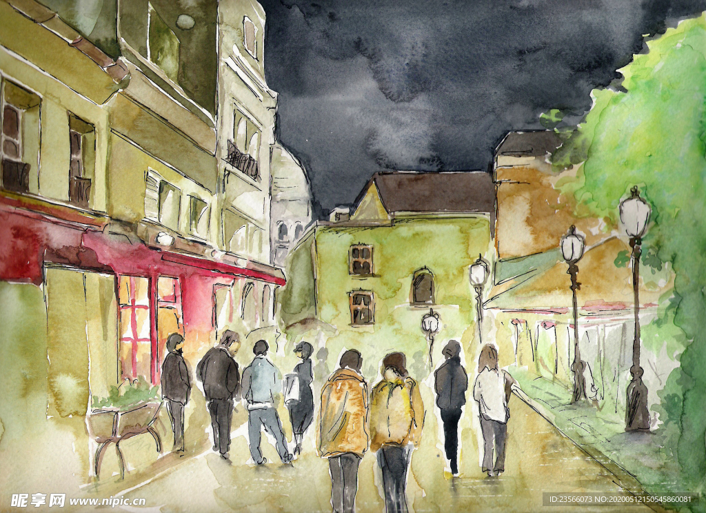 街道田园风景油画