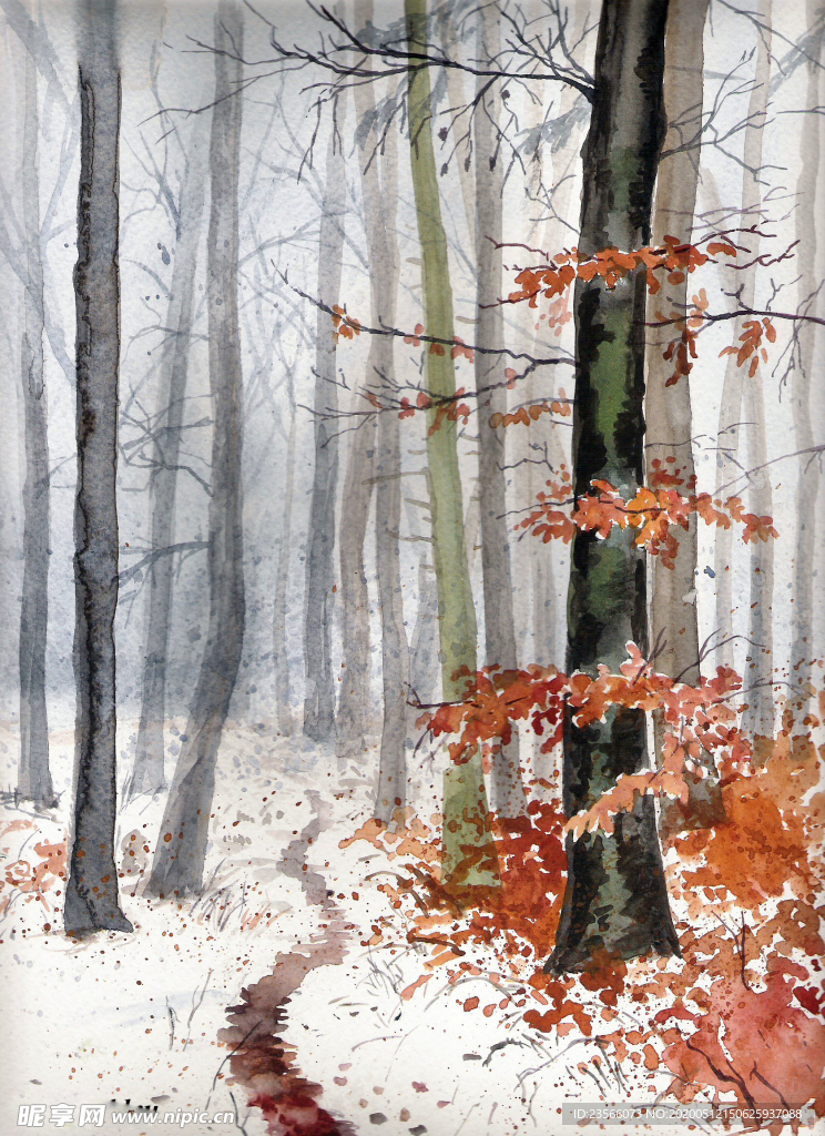 冬季树林街道风景油画