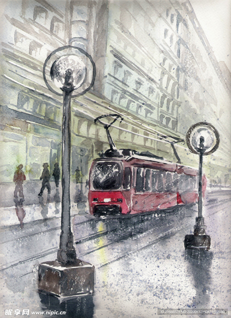 冬季树林街道风景油画