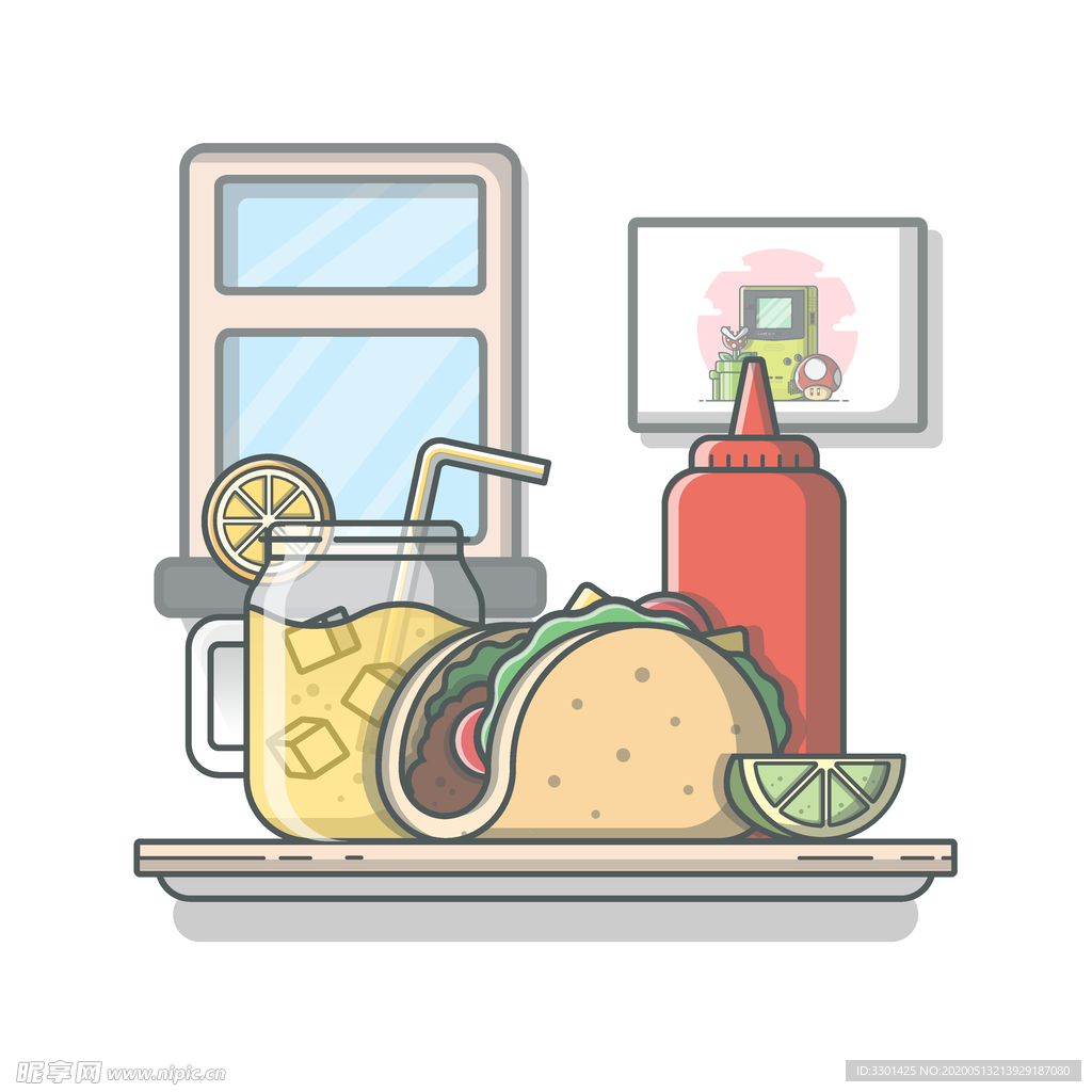 咖啡机与饼干牛奶卷饼插画