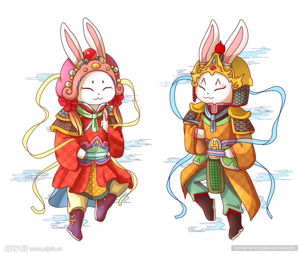 中秋兔子门神插画卡通合成素材