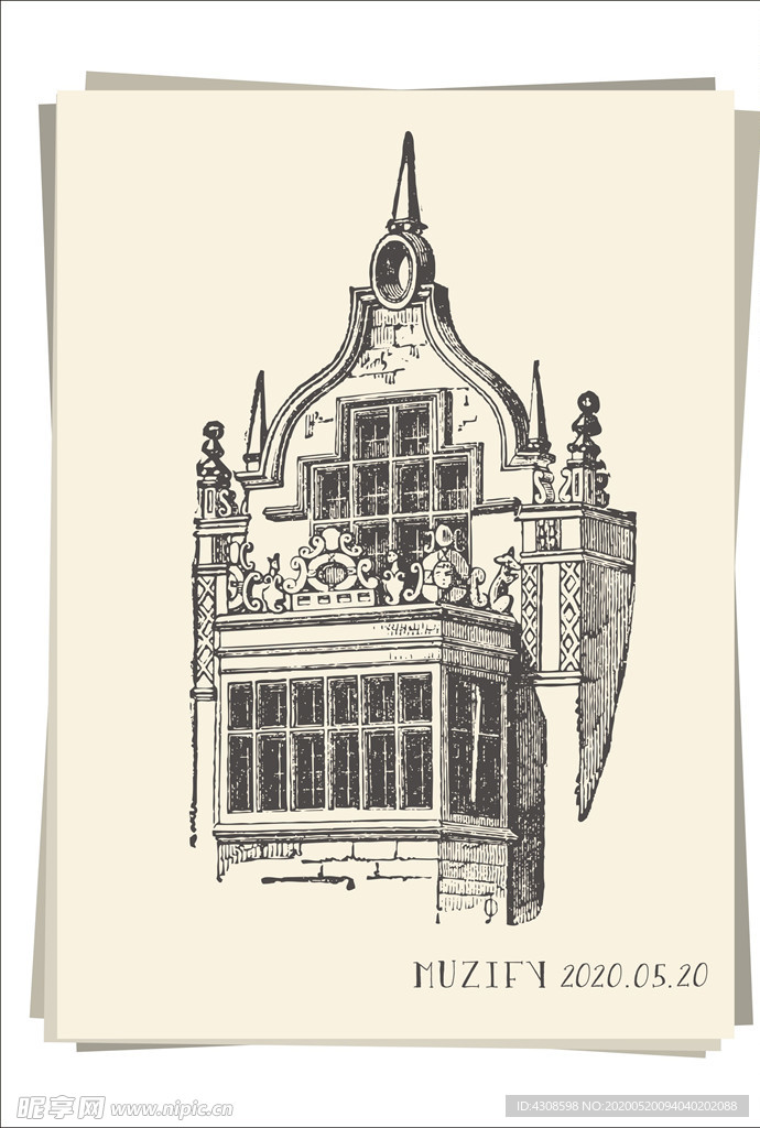 欧式复古尖顶窗户手绘稿