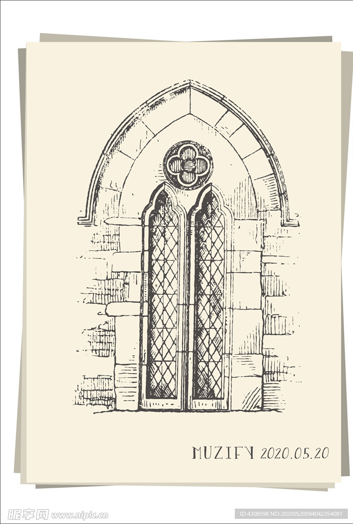 欧式复古石质窗棂手绘稿