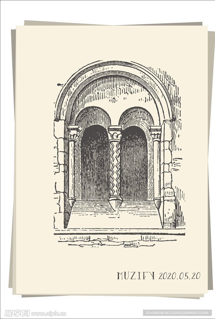 欧式复古拱门窗台手绘稿