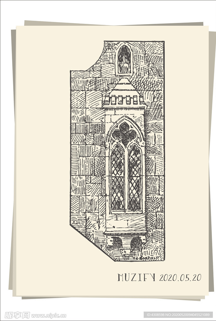 欧式做旧石窗 手绘稿