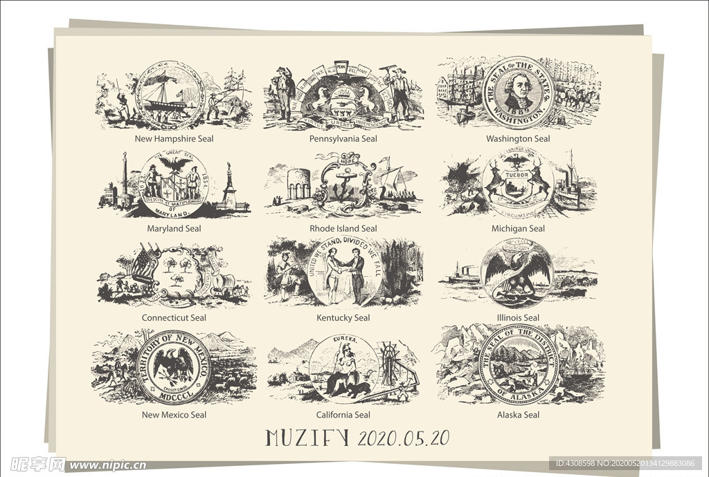 美国12个州印章手绘稿