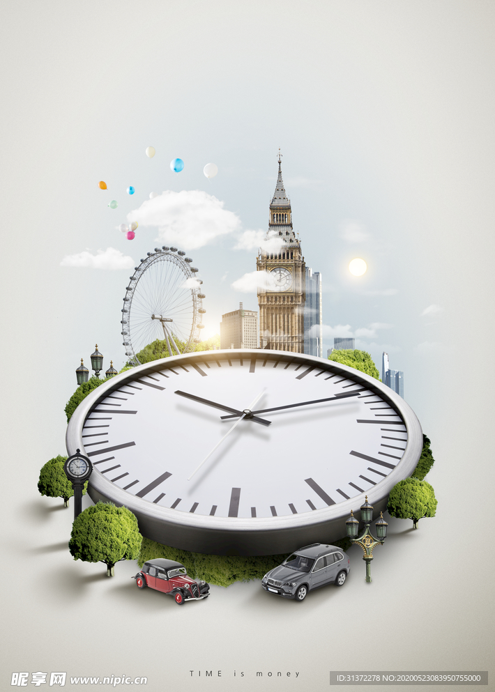 创意时间与天空成合背景