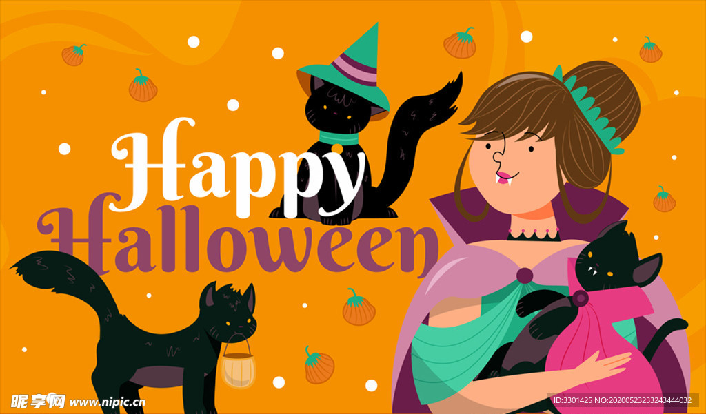 卡通万圣节黑猫和女巫