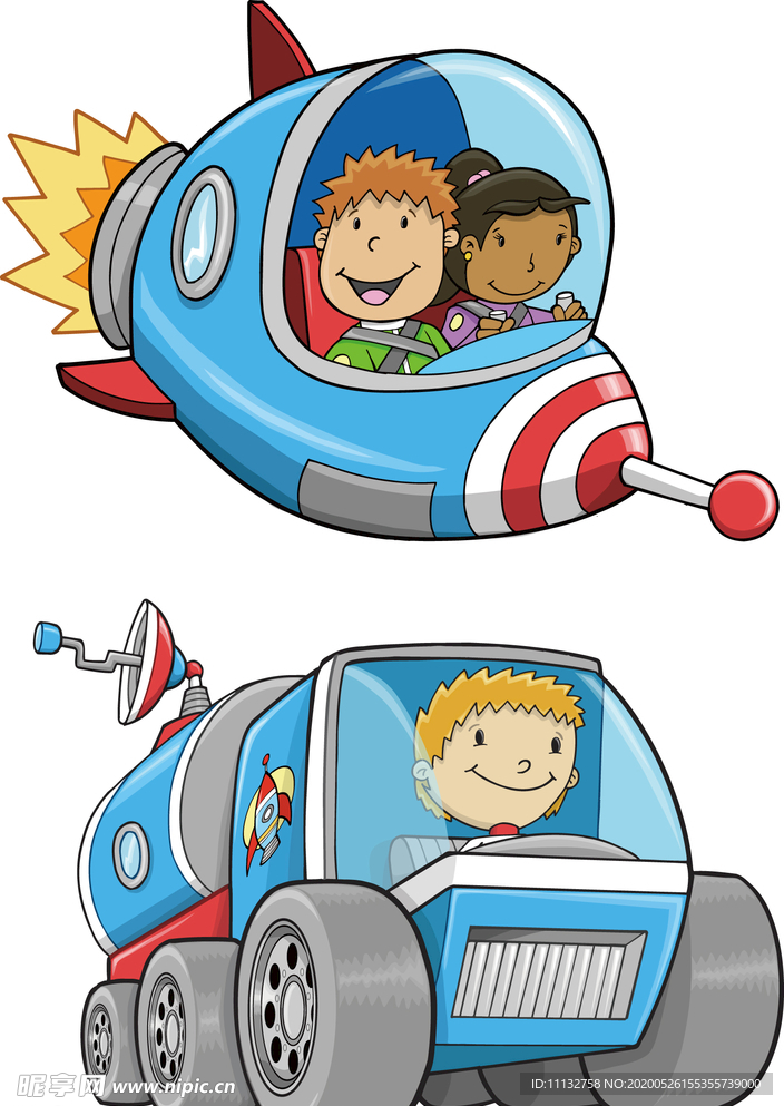 卡通宇宙飞船飞行器儿童太空插画