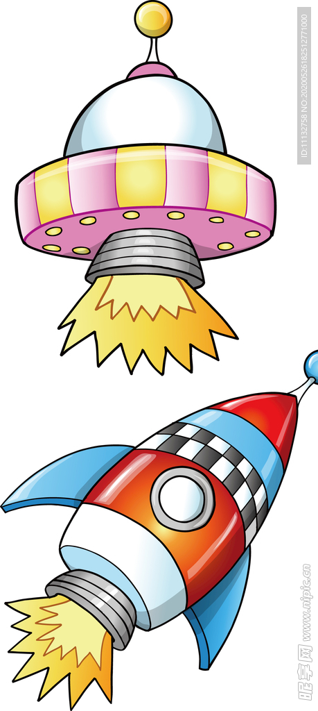 彩绘卡通飞船火箭宇宙太空插画图