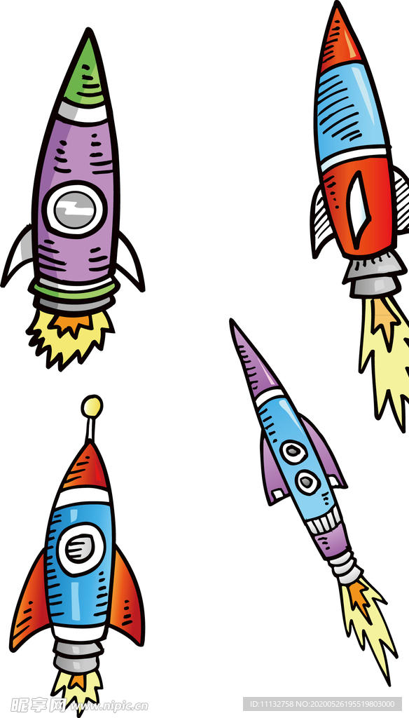 手绘卡通火箭升空航天飞机元素