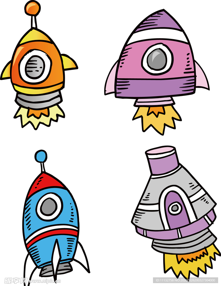 卡通火箭升空手绘宇宙飞船素材