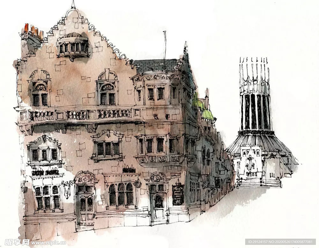 水彩建筑插画