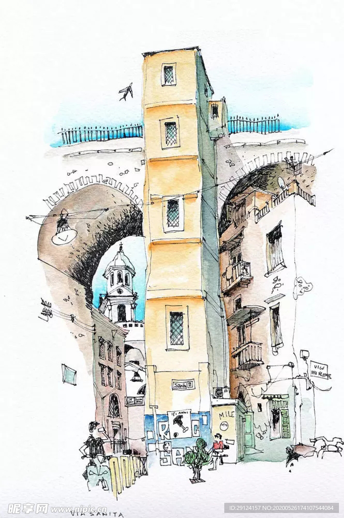 水彩建筑插画