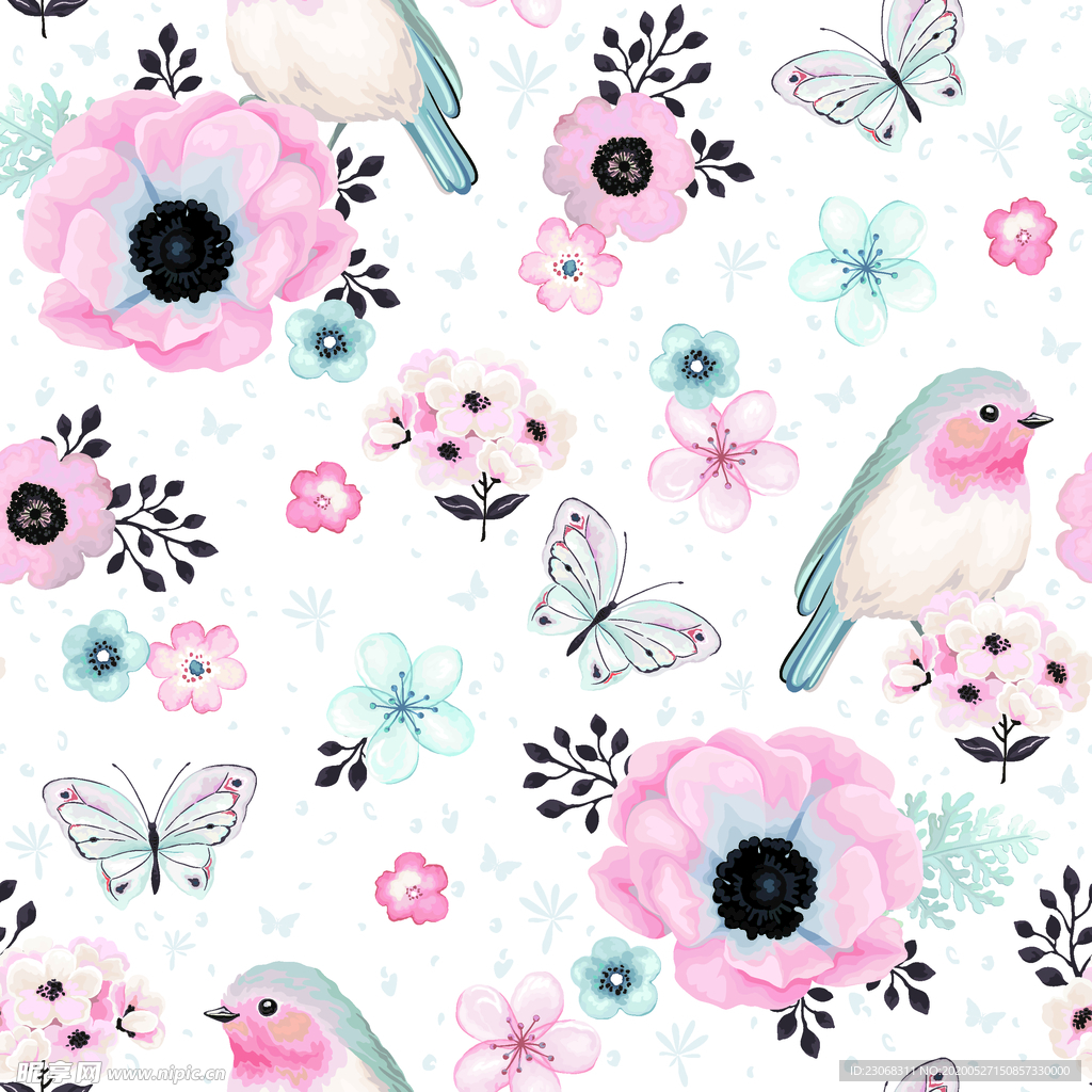 手绘卡通花鸟蝴蝶