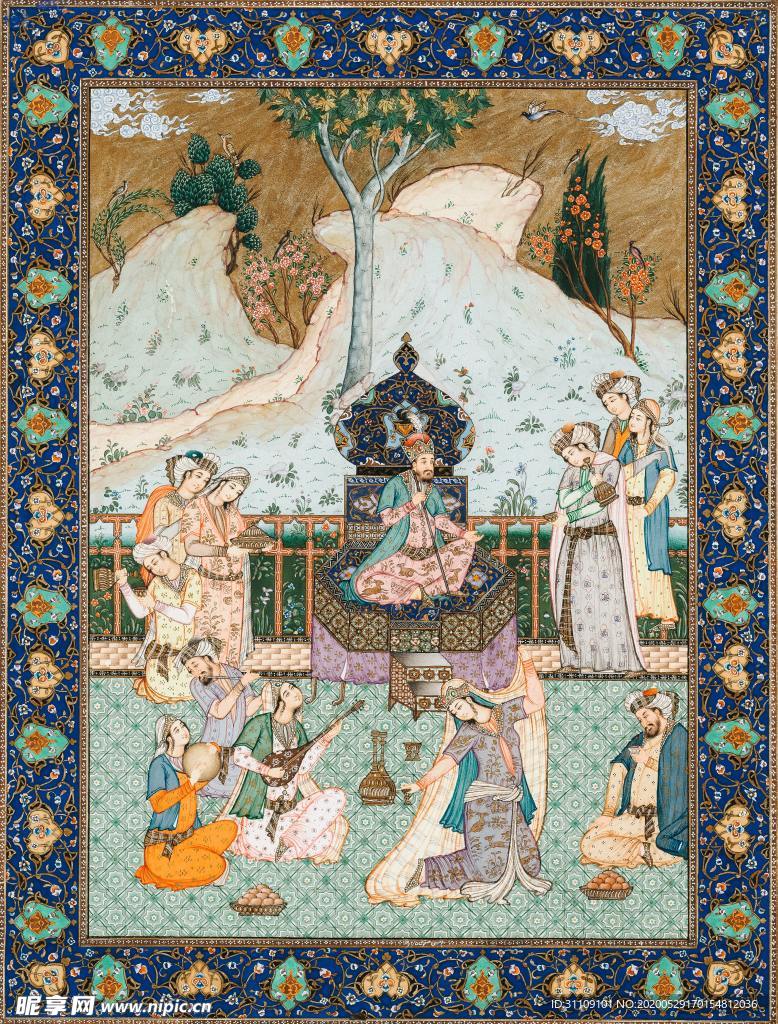 手绘复古插画乐戏图