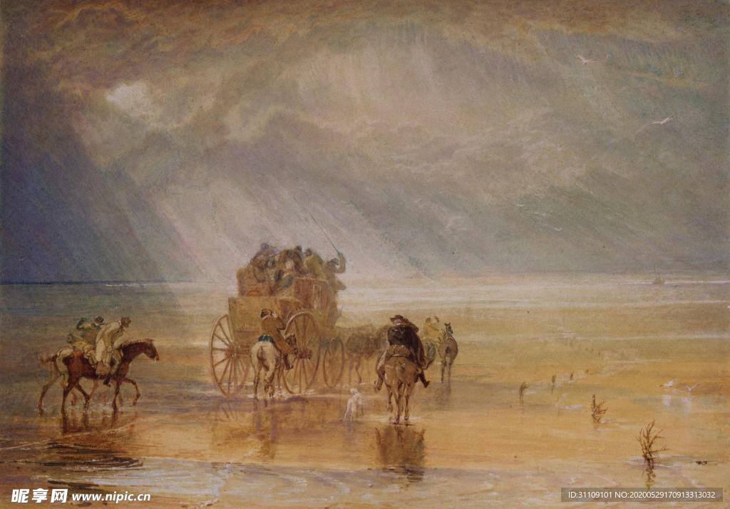 手绘复古插画山川河流马车