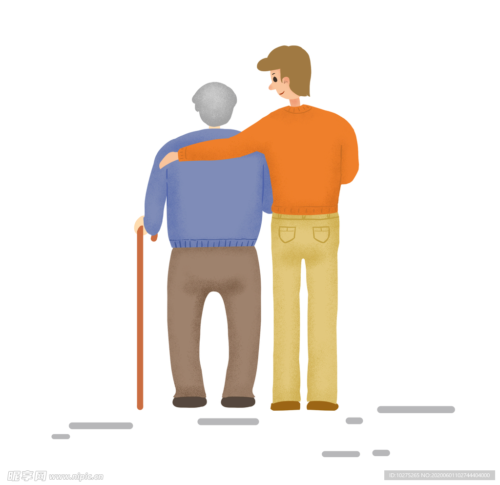 父亲节儿子搀扶拄拐杖的父亲