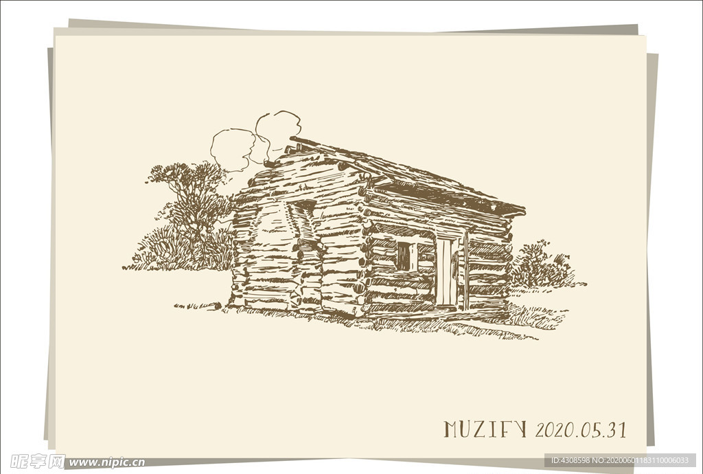 山坡上的木屋 素描画
