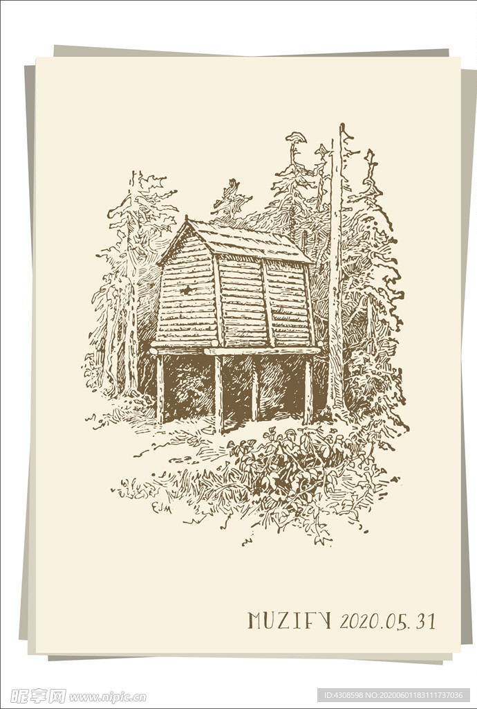 森林木屋 素描画