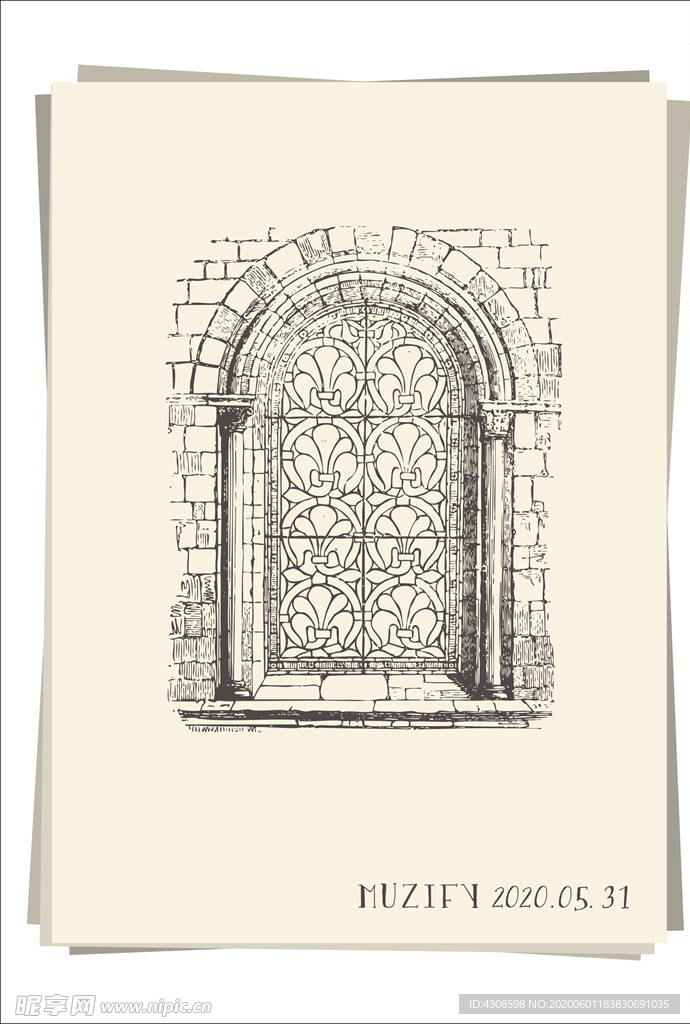 欧式复古石质窗棂手绘稿