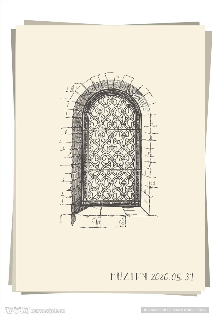 欧式复古石质窗棂手绘稿