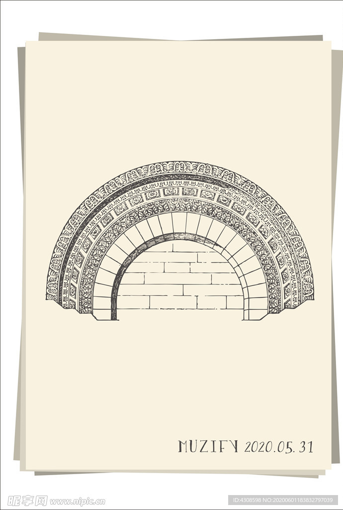 欧式复古石质拱门手绘稿