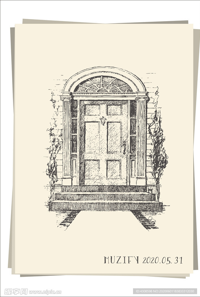 欧式复古石质窗户手绘稿