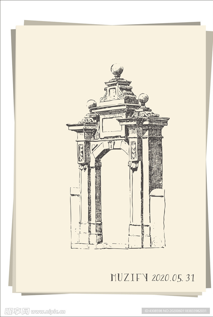 欧式复古石质窗棂手绘稿