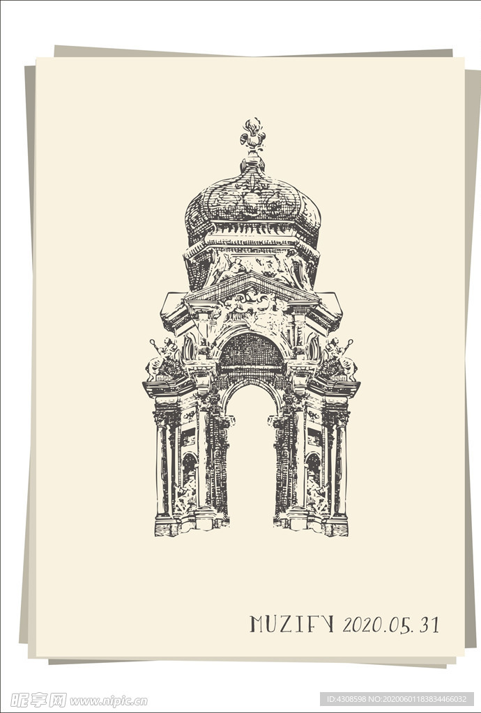 欧式圆顶石质窗棂手绘稿