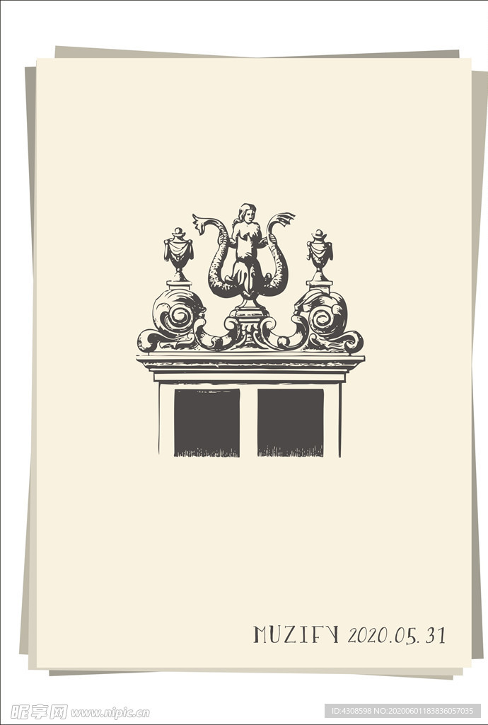 欧式复古石雕窗户手绘稿