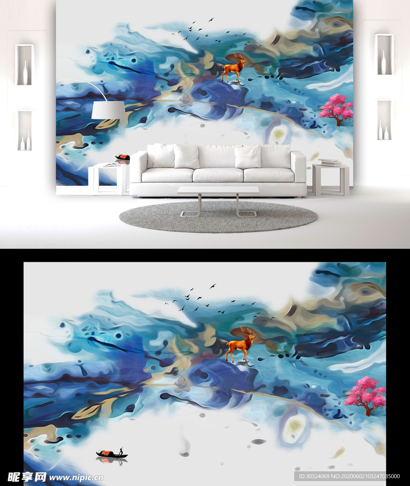 山水麋鹿背景墙