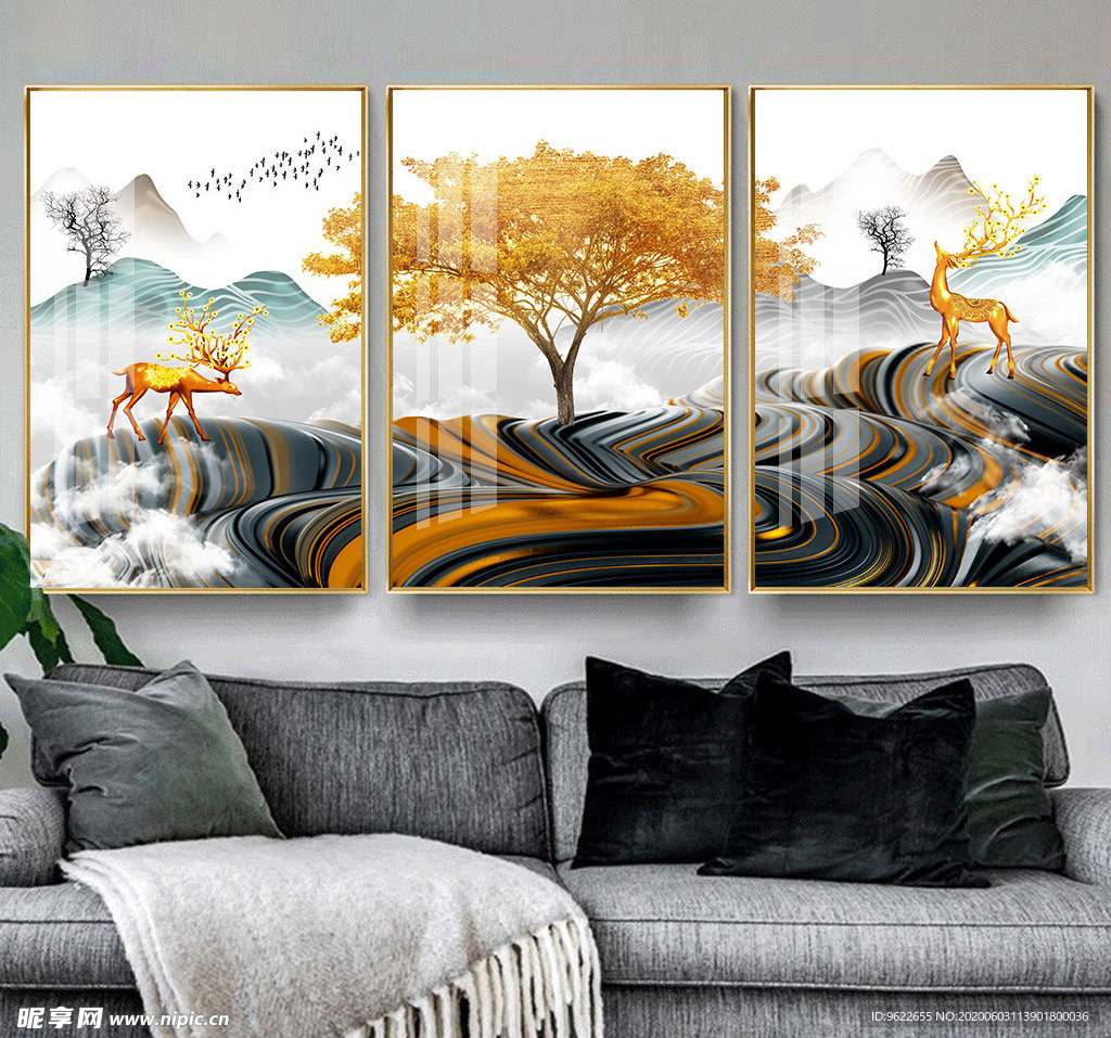 新中式麋鹿装饰画