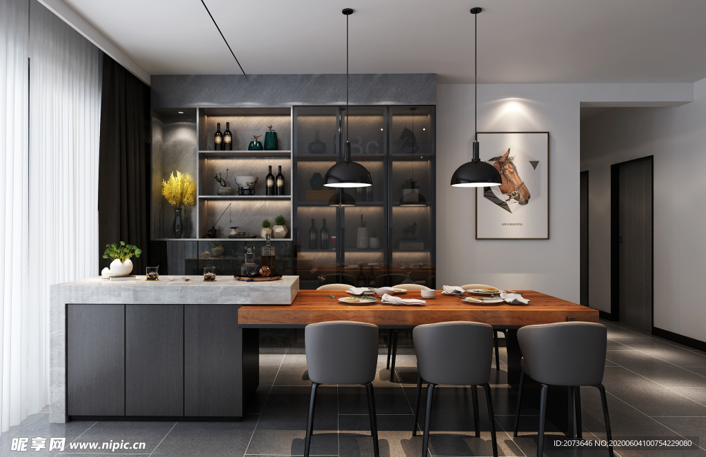 轻奢风格饭厅吧台室内效果图