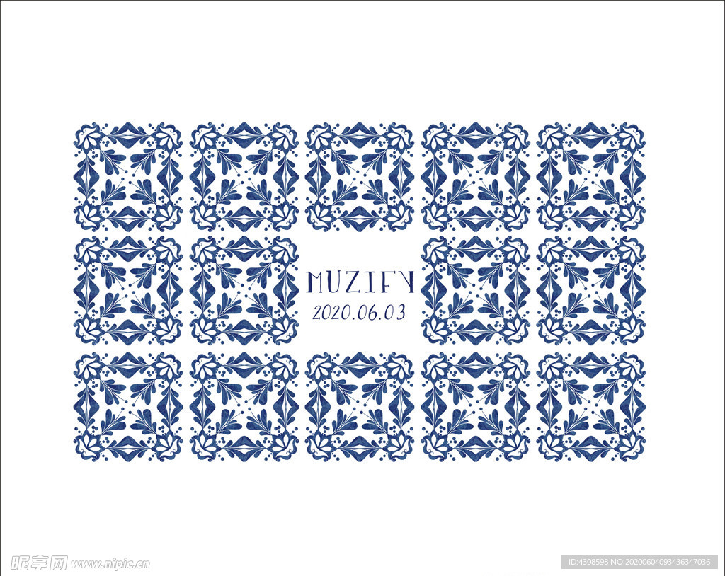 蓝色花卉瓷砖图案