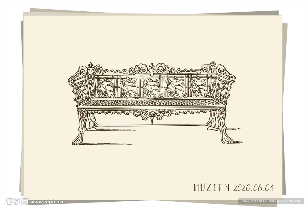 欧式花园座椅 素描画